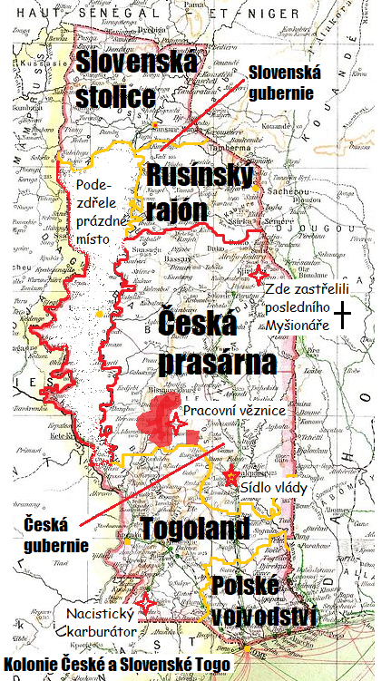 Podklad historické mapy použit z: Wikipedie https://commons.wikimedia.org/wiki/File:Togo_Deutsches_Koloniallexikon,_Verlag_von_Quelle_%26_Meyer_Leipzig.jpg