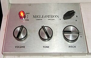 The control panel of a Mellotron, with three main dials.