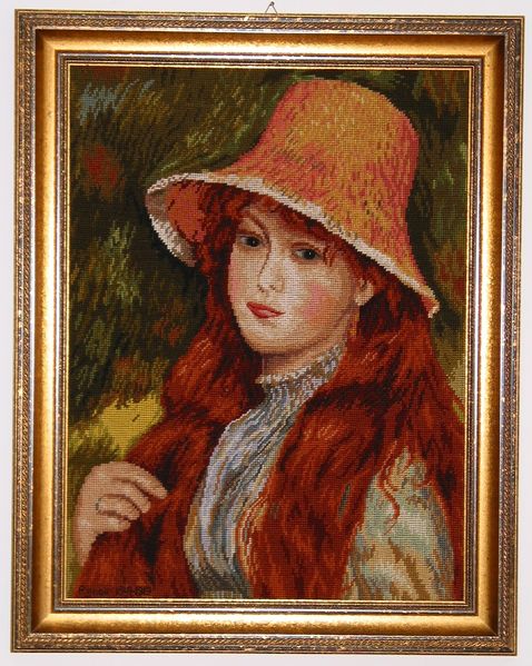 File:Renoir,Young girl with long hair, or Young girl in a straw hat 1884, made with half cross stitch.jpg