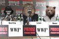 WWF press conference. Vince McMahon did not attend, but his dog made an appearance alongside Dog the Bounty Hunter.