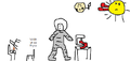 אסטרונאוט שתופר בגדים בזמן שמצעד של כיסאות מחרבנים מאחוריו והירח והשמש הולכים מכות