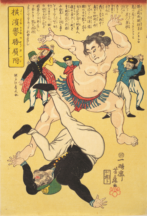 Archivo:Yokohama-Sumo-Wrestler-Defeating-a-Foreigner-1861-Ipposai-Yoshifuji.png