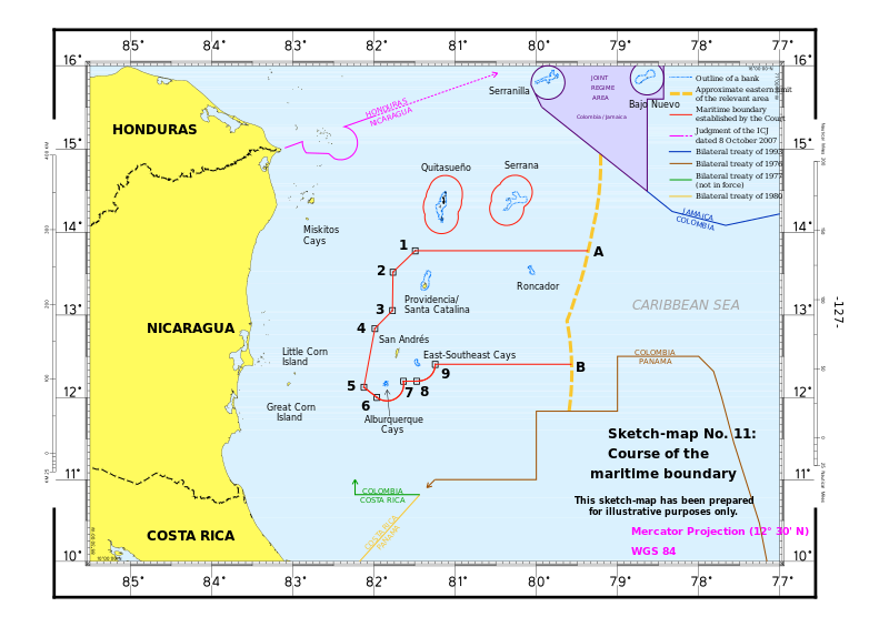Archivo:International Court of Justice Territorial and Maritime Dispute (Nicaragua v. Colombia) Course of the maritime boundary.svg