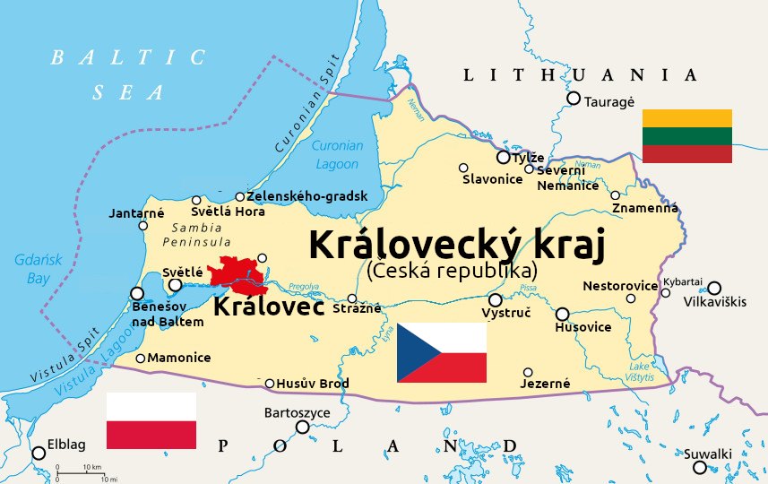 Mapa Královeckého kraje s vyznačenými nemocnicemi