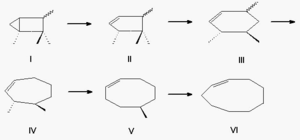 Schéma 1 Postupná isomerisace spojená s rozšiřováním kruhu (feeding) norporkanu (I) na isonorporkan (II), 3,4,6-trimethylcyklohexen (III), 3,4-dimethylcyklohepten (IV), 5-methylcyklookten (V) a posléze v cyklononen (VI)