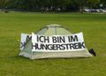 Osobní hladovka ve sjednoceném Německu, Hannover 2011. Kolemjdoucí hladovkáře podezírají z podvádění, protože kolem sebe mají spoustu trávy.