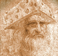 Sýrový Leonardo (autoportrét). Leonardo shledával, že jeho vědomosti a moudrost pramení ze sýru.