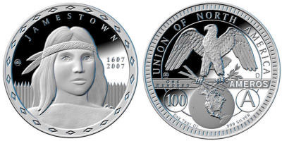 The new 100 Amero coin is worth approximately 67 dollars in Old Money.
