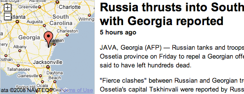 Russia invades the state of Georgia in the South of the USA according to Google.
