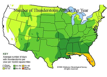 Yearly attacks by Thunderstorms