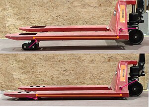 The pallet jack as seen in both its limp and erect states.