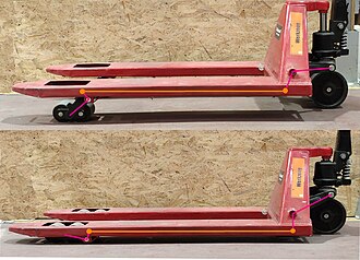 The pallet jack as seen in both its limp and erect states.