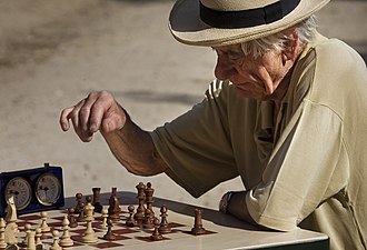 Caption about page title and a guy playing chess.