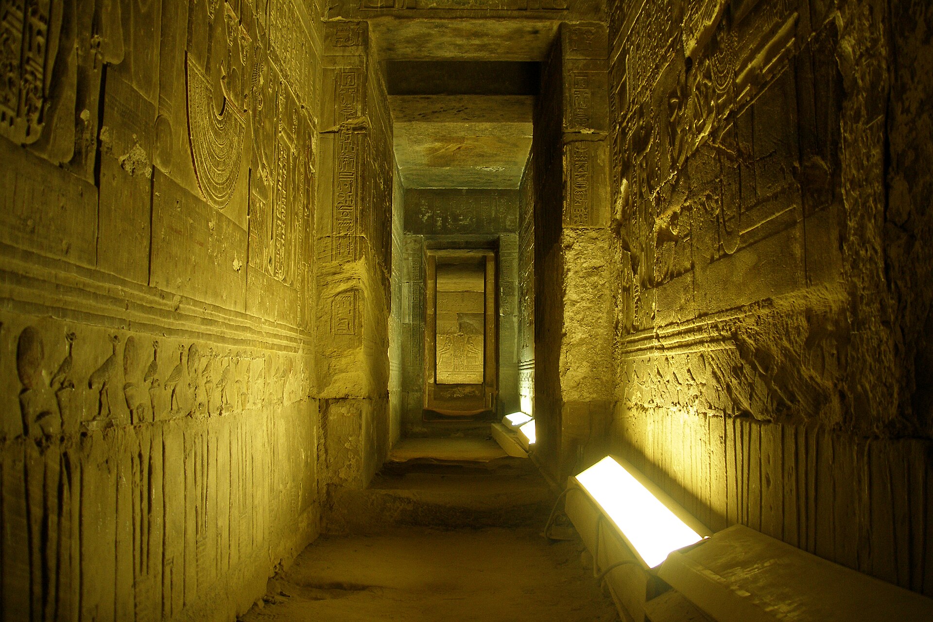 Temple of Hathor, Dark interior, Dendera, Egypt.jpg