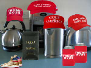 several kitchen appliances with Donald Trump themed merchandise badly photoshopped onto them