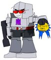 in this artwork, the antagonist of the transformers series known as megatron is holding a sarcastic award known as a "fell for it again award" which is given to deluded people who think a transformers one sequel will come out, when in reality, it wont