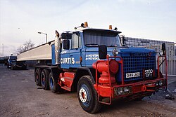 Scammell S24 (Q149JKO) Curtis, delivering St Phillips Causeway bridge girder, Barton Hill, Bristol 20.2.1993 (10430221044).jpg
