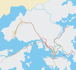 A geographical accurate map of Hong Kong areas with only its rapid transit system lines detailed on it.