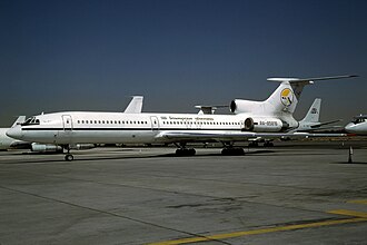 BAL Bashkirian Airlines Tupolev Tu-154M RA-85816 at Sharjah International Airport (SHJ, OMSJ) in March 2002.jpg