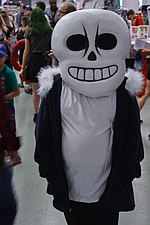 A Sans cosplayer with dead eyes
